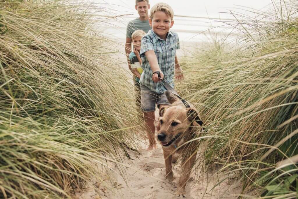 Young boy walking his dog on the beach with his family closely following behind